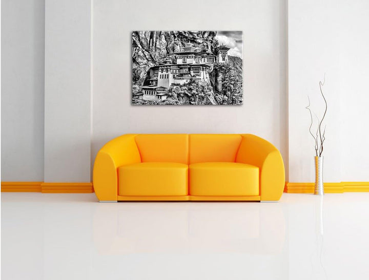 Pixxprint Chinesische Festung im Berg / 100x70cm Leinwandbild bespannt auf Holzrahmen/Wandbild Kunst