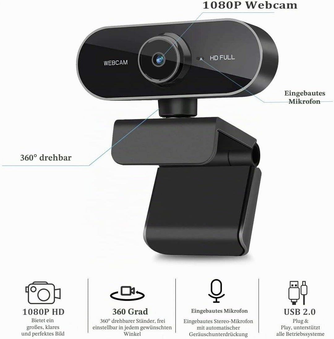 Webcam mit Mikrofon und Stativ, 1080P Webcam für PC Laptop Desktop, USB Computer Kamera für Videoanr