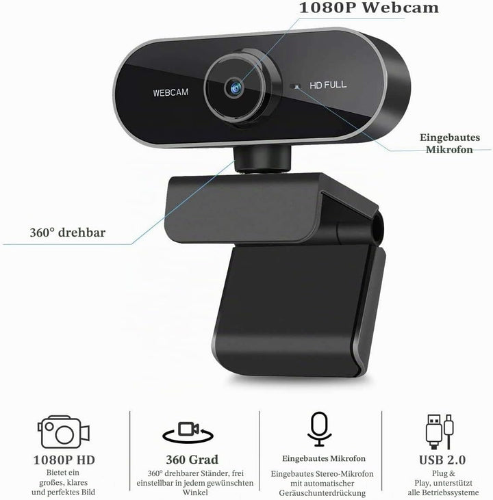 Webcam mit Mikrofon und Stativ, 1080P Webcam für PC Laptop Desktop, USB Computer Kamera für Videoanr
