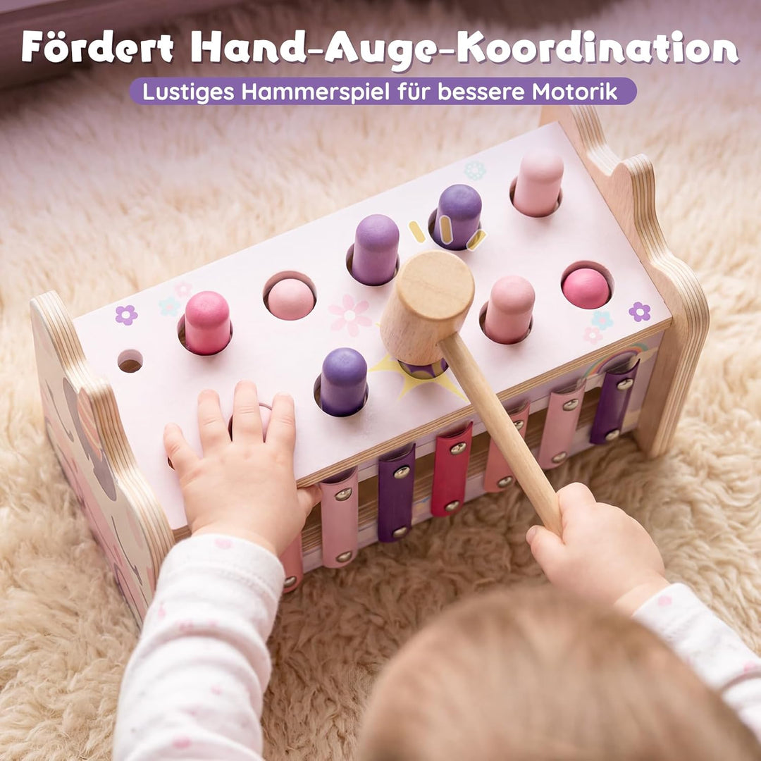 Lehoo Castle Montessori Spielzeug ab 1 Jahr, Hammerspiel mit Xylophon &amp; Zahnrädern, Holz Motorikspie