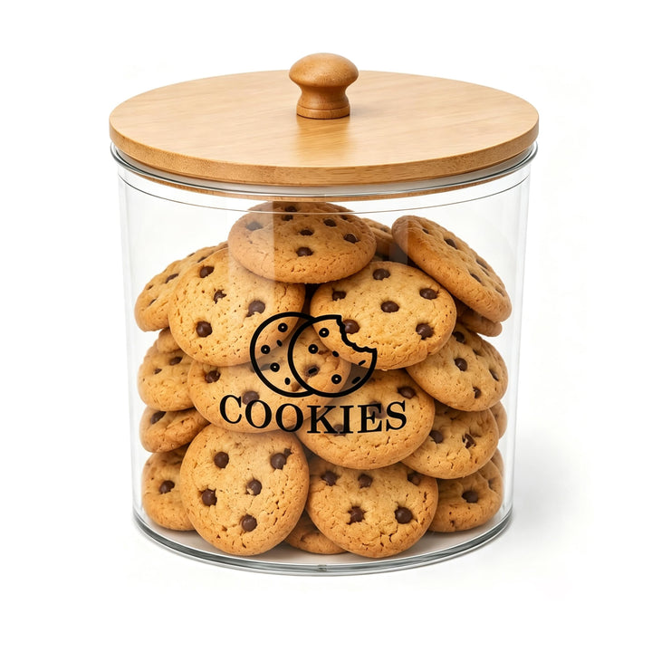 Keksdose mit Holzdeckel und Dichtungsring 2L, Transparent | Keksglas aus PET Kunststoff mit Griff, K