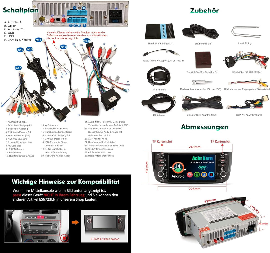 Erisin 8-Kern 4GB RAM 64GB ROM Android 14 Autoradio Bluetooth GPS Navigation für FIAT Grande Punto F