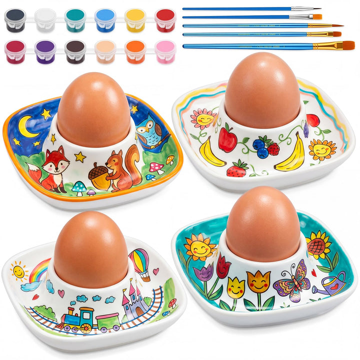 Sinmoe 4er Eierbecher Selber Bemalen Set Porzellan EierStänder mit Ablag Weiss Ostergeschenke Eierbe
