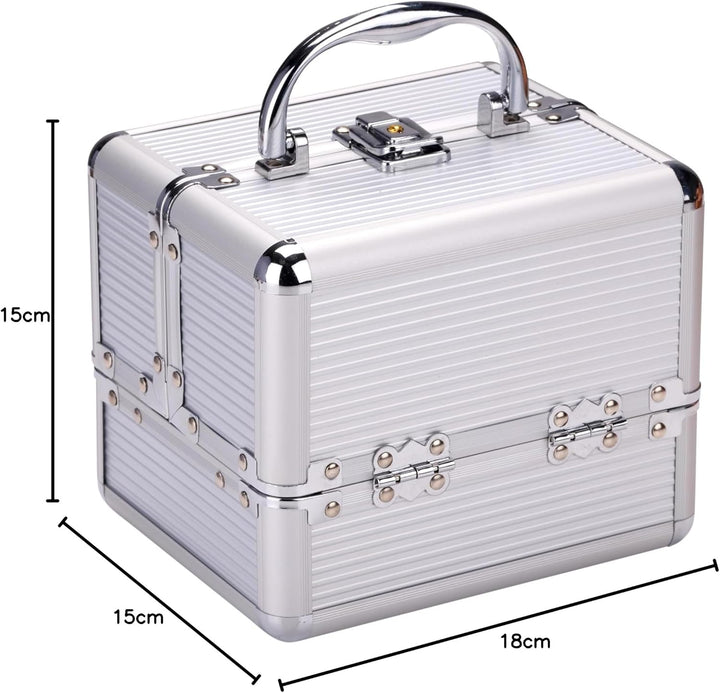 Make-up Koffer Silber - Kosmetik Organizer - mit Griff und Schlüsselschloss - 18 x 15 x 15 cm - Inne