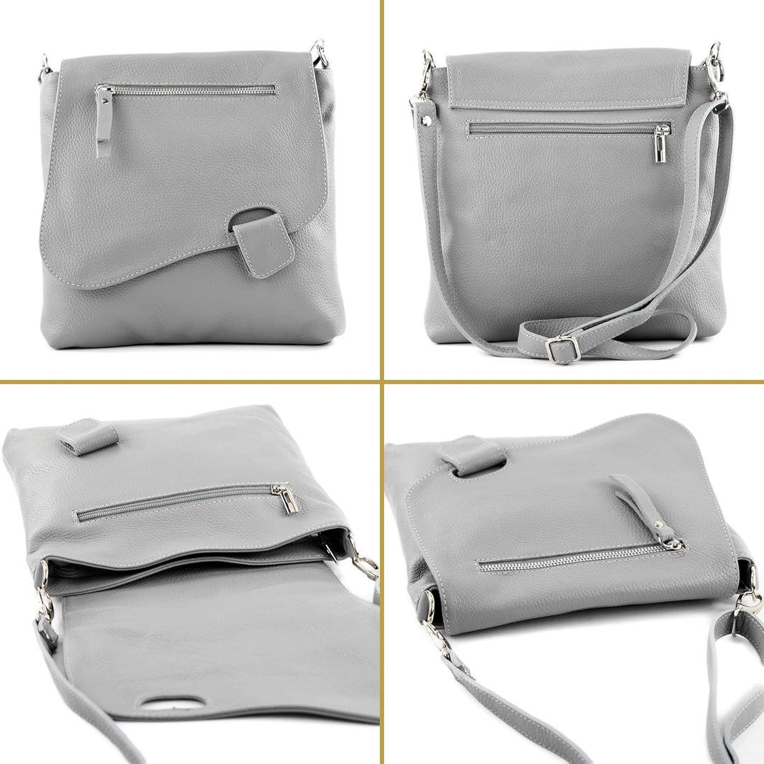 modamoda de - T146 - ital. Umhängetasche Schultertasche aus Leder Weiss/Rosa, Weiss/Rosa
