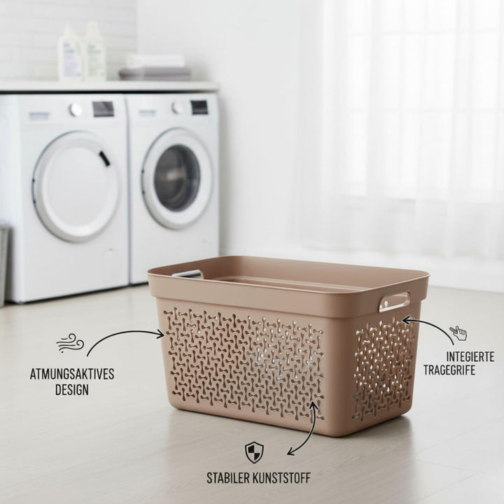 Plastard Wäschekorb 3er Set 30 Liter Beige aus Kunststoff mit Griffen | Stapelbar, robust &amp; leicht z
