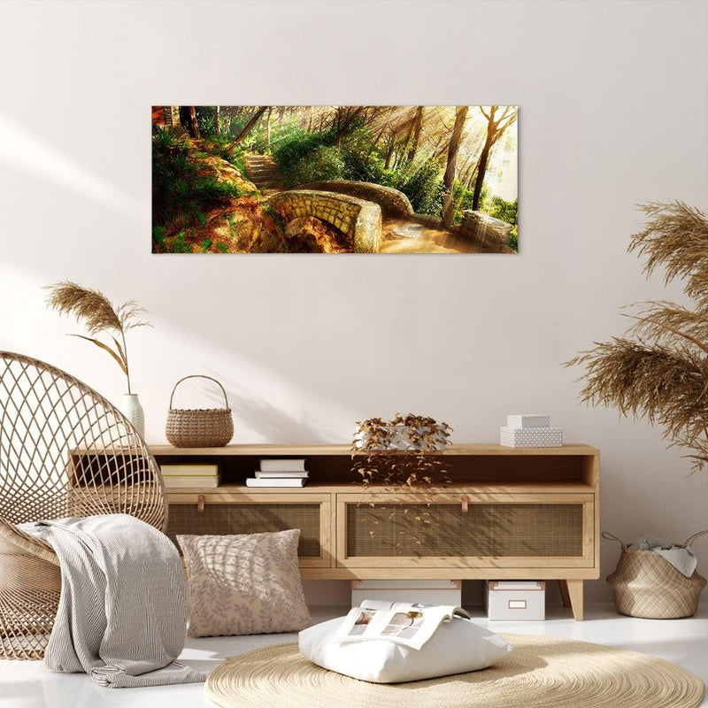 Wandbilder Dekoration Wohnzimmer Pfad Steinbrücke Wald Herbst Panorama Bilder auf Leinwand 120x50cm