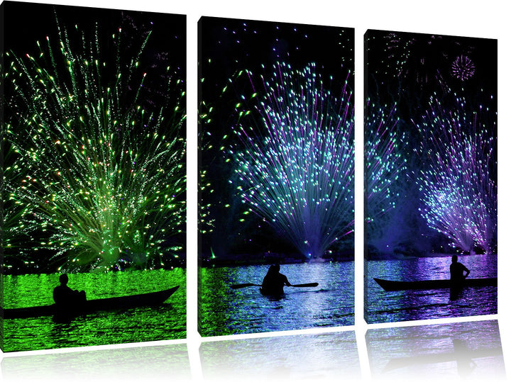 Pixxprint Feuerwerk auf dem Wasser / 3-Teilig/Gesamtmass 120cm Leinwandbild bespannt auf Holzrahmen/