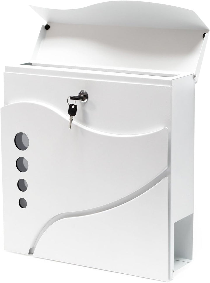 Wiltec Designer Briefkasten V31 weiss 370 x 105 x 370 mm, Wandbriefkasten mit Schloss, Sichtfenstern