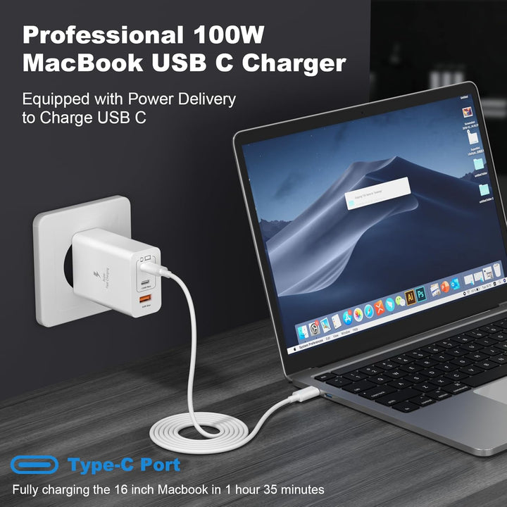 100W USB C Ladegerät, 3-Port GaN Schnellladegerät mit USB C & Lightning Kabel Mehrfach Ladegerät Kom
