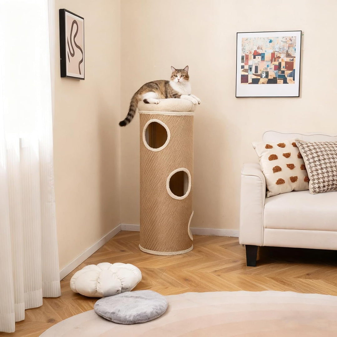 SOARS Kratztonne für Katzen XXL, 113 cm Katzentonne mit 3 Höhlen und abnehmbarem Plüschbett, Kratzba