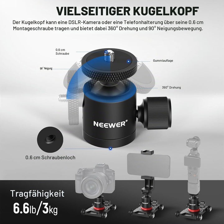 NEEWER Kamera Slider Dolly mit Kugelkopf und Telefonklemme, 4 rädriger Tisch Dolly mit 360° Panorama