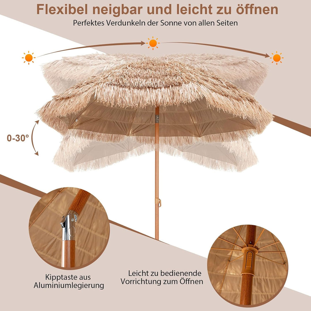GOPLUS Sonnenschirm Hawaii, Ø 208 cm Sonnenschirm Stroh um 30° knickbar, Strandschirm mit PP-Stroh &amp;