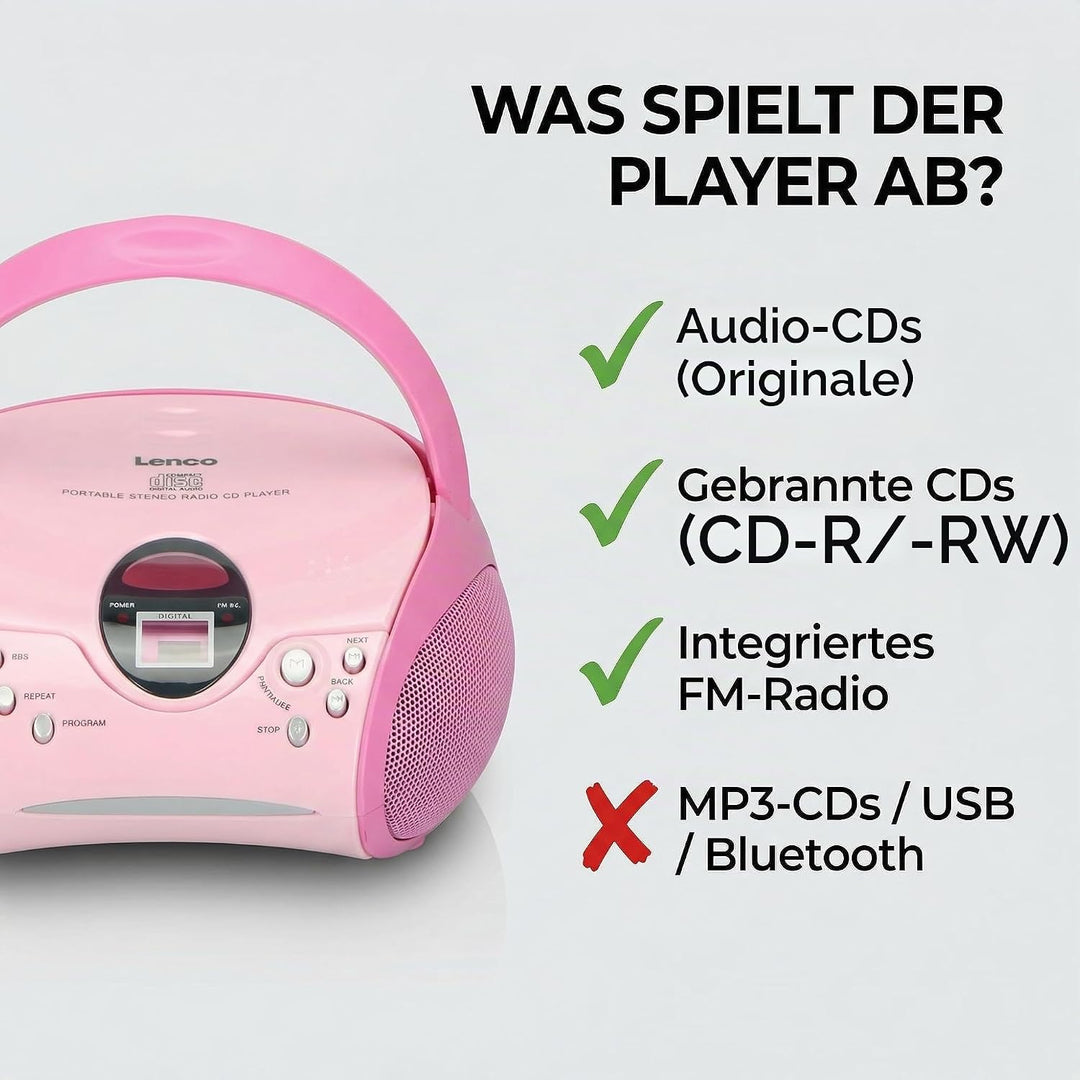 Lenco SCD-24 Stereo UKW-Radio mit CD-Player und Teleskopantenne rosa ohne Bluetooth pink, ohne Bluet