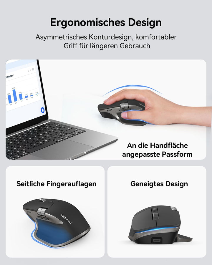 TECKNET Bluetooth kabellose Maus(BT 5.3/5.0+2,4G), Seitliches Mausrad, Superschnelles Scrollen, Wied