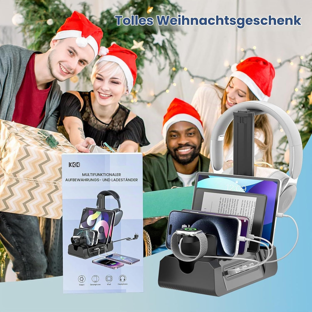 KDD Ladestation für Mehrere Geräte mit 6 Port – 6 in 1 Handy Ladestation mit Kopfhörer &amp; Uhrenhalter