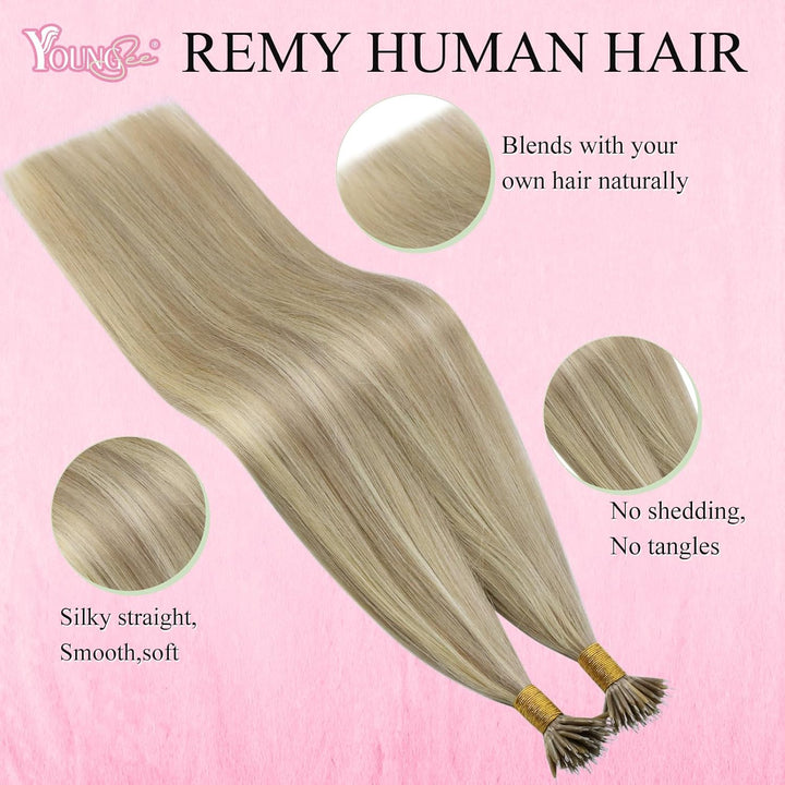 YoungSee Nano Extensions Echthaar Blond 55 cm Nanoring Extensions Echthaar Gesträhnt Goldblond Mit B