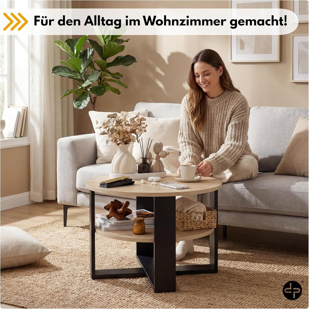 defiPad Couchtisch rund Eiche Ø70 cm - Beistelltisch mit Ablage - Sonoma Eiche - 2 Ebenen, runder mo