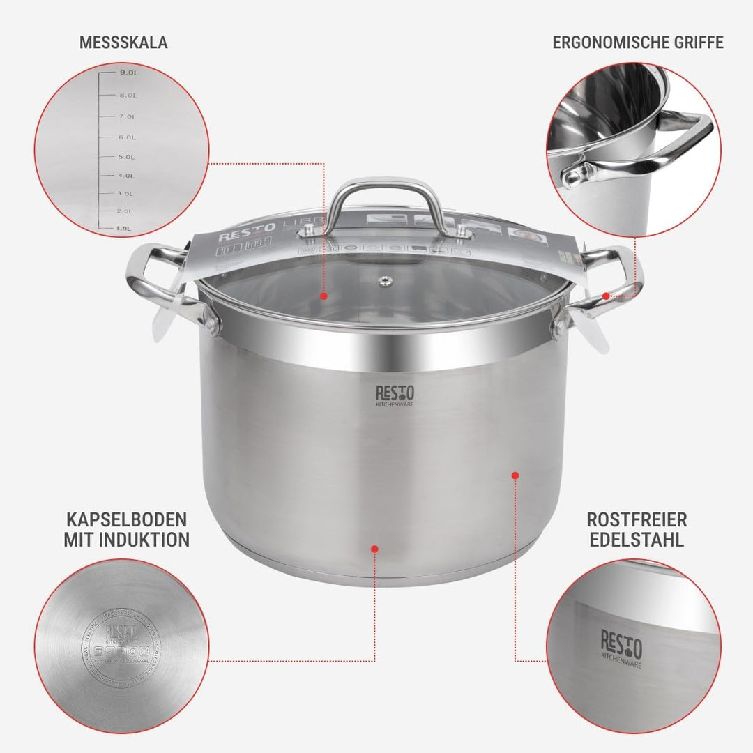 RESTO Edelstahltopf 26cm - Suppentopf, Universaltopf 9 L - Schmortopf mit Deckel - Topf für alle Her