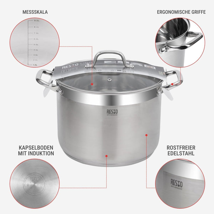 RESTO Edelstahltopf 26cm - Suppentopf, Universaltopf 9 L - Schmortopf mit Deckel - Topf für alle Her