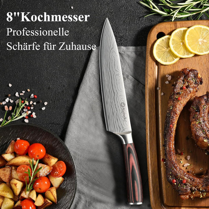 Sunnecko 20cm Kochmesser Deutschem Edelstahl Küchenmesser mit Pakkaholz Griff Allzweckmesser Küche S