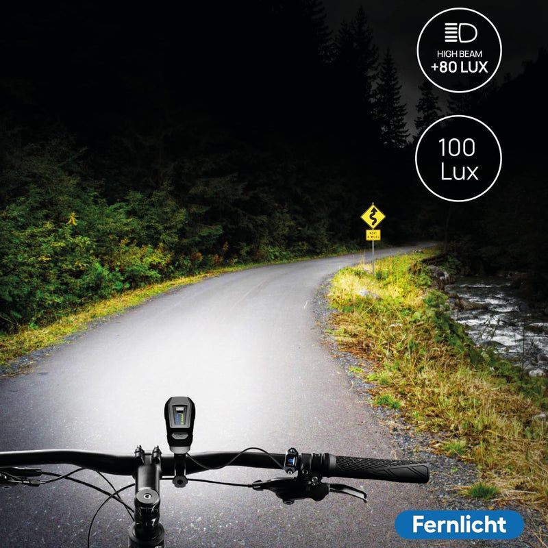 FISCHER Fahrrad LED-Frontlicht 100 Lux Fernlicht, mit Sensormodus, spritzwassergeschütztes Gehäuse,