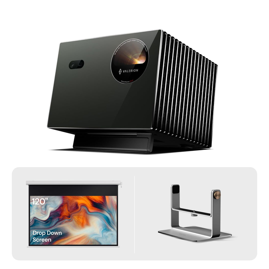 Valerion VisionMaster Pro2 4K Triple-Laser Beamer Bundle mit 120" kabelloser, wiederaufladbarer moto