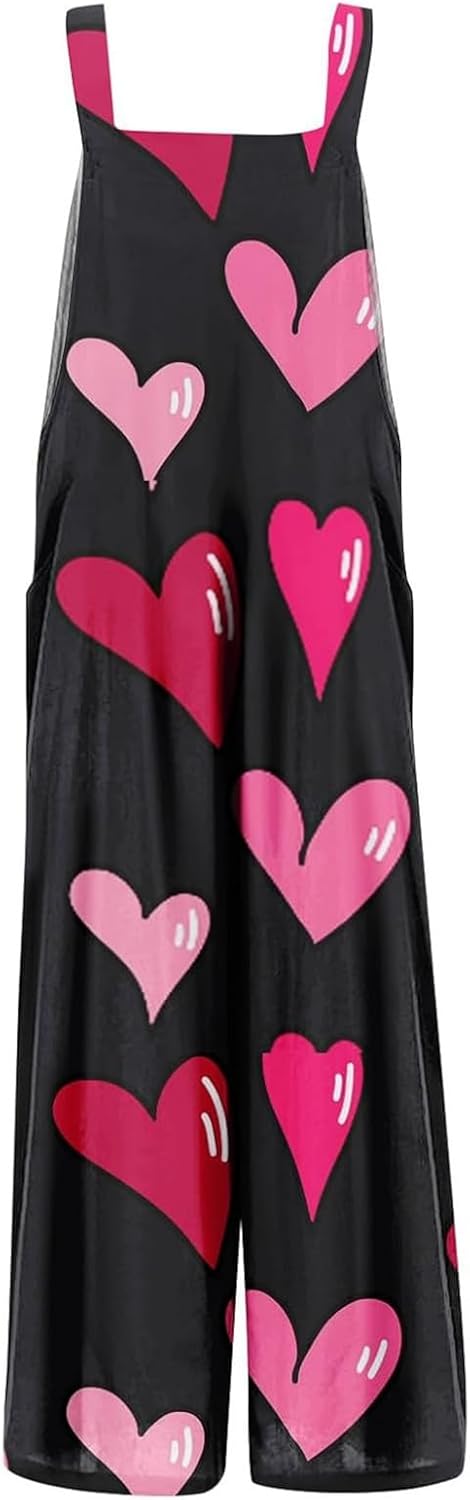 Valentinstag Jumpsuit Für Damen Herz Gedruckt Lässiger Ärmelloser Latzhose Locker Strampler Mit Tasc