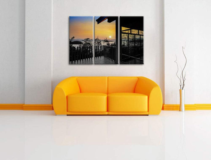 Aussicht auf Sonnenuntergang über See schwarz/weiss 3-Teiler Leinwandbild 120x80 Bild auf Leinwand,