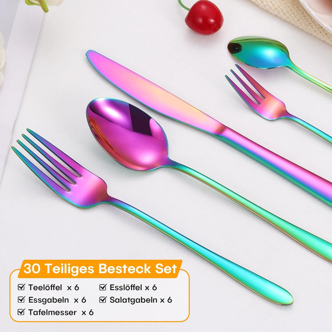 Besteck Set Regenbogen, HONKKU 30 Teilig Besteckset für 6 Personen, Edelstahl Essbesteck Set mit Abe