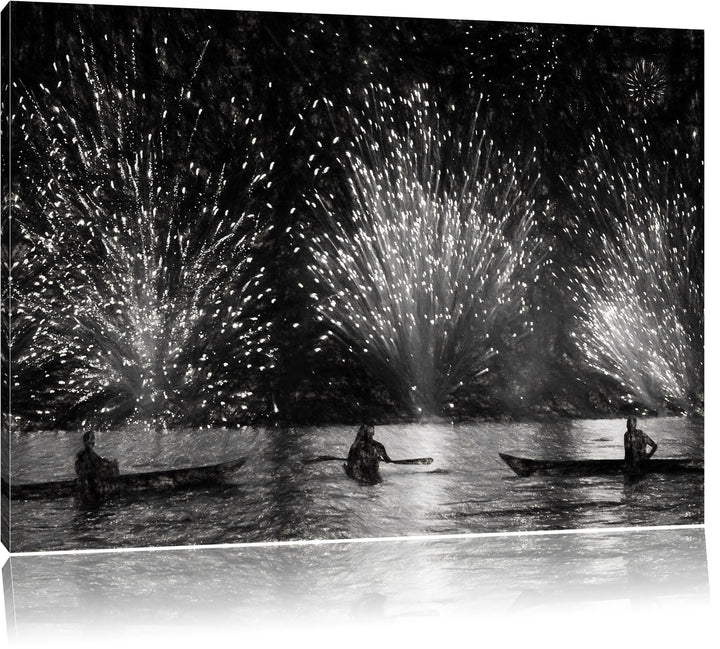 Pixxprint Feuerwerk auf dem Wasser / 100x70cm Leinwandbild bespannt auf Holzrahmen/Wandbild Kunstdru