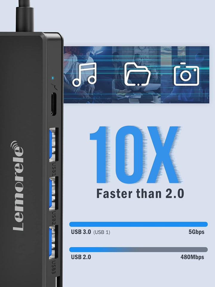 Lemorele USB-C-Hub, 7-in-1-Adapter mit HDMI 4K @ 30Hz, 100 W PD-Aufladung, 1 USB 3.0 5 Gbit/s Datena