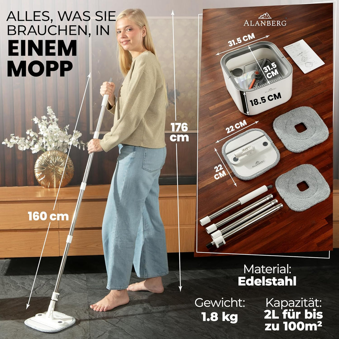 Wischmopp Set mit Eimer Gen 2, Bodenwischer mit 360°-Selbstauswring-Flachwischer, Doppelkammer-Syste