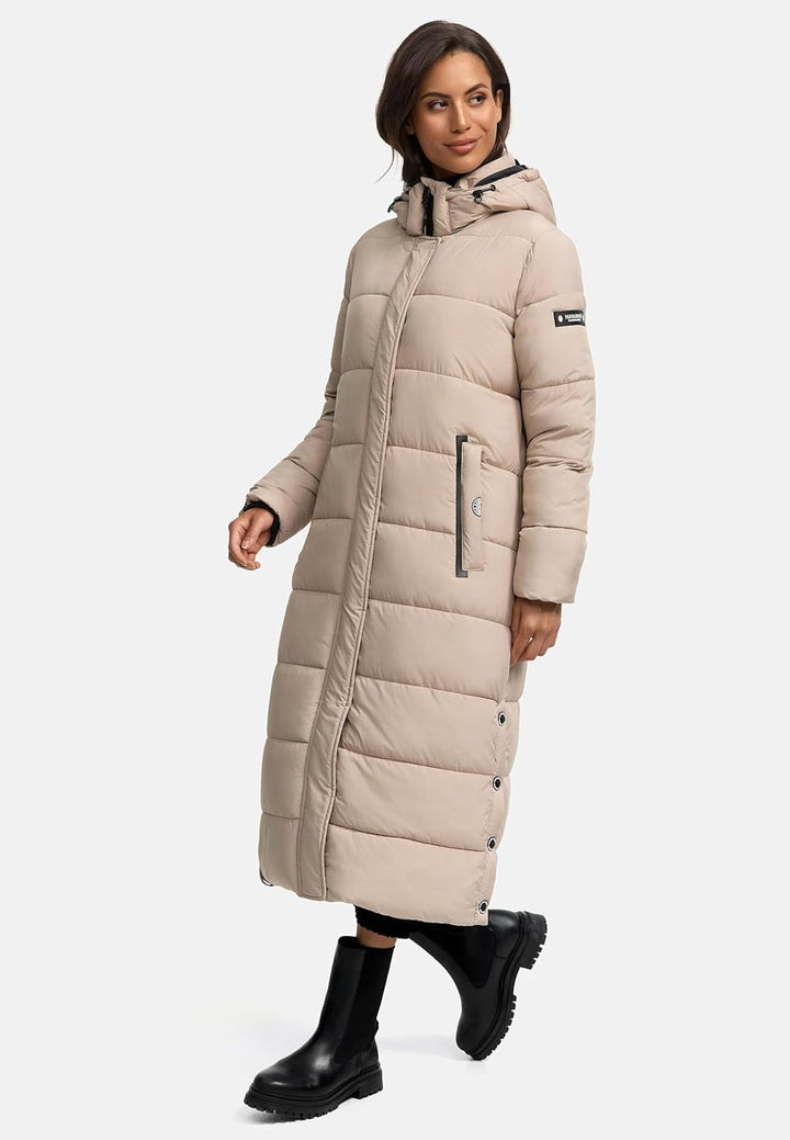 Navahoo Damen Wintermantel warmer Steppmantel lang mit abnehmbarer Kapuze Isalie XS-3XL XL Taupe, XL