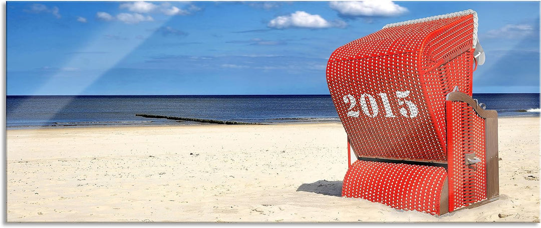 Glasbild Panorama | Wandbild aus Echtglas | Strandkorb an der Nordsee | 100x40 cm | inkl. Aufhängung