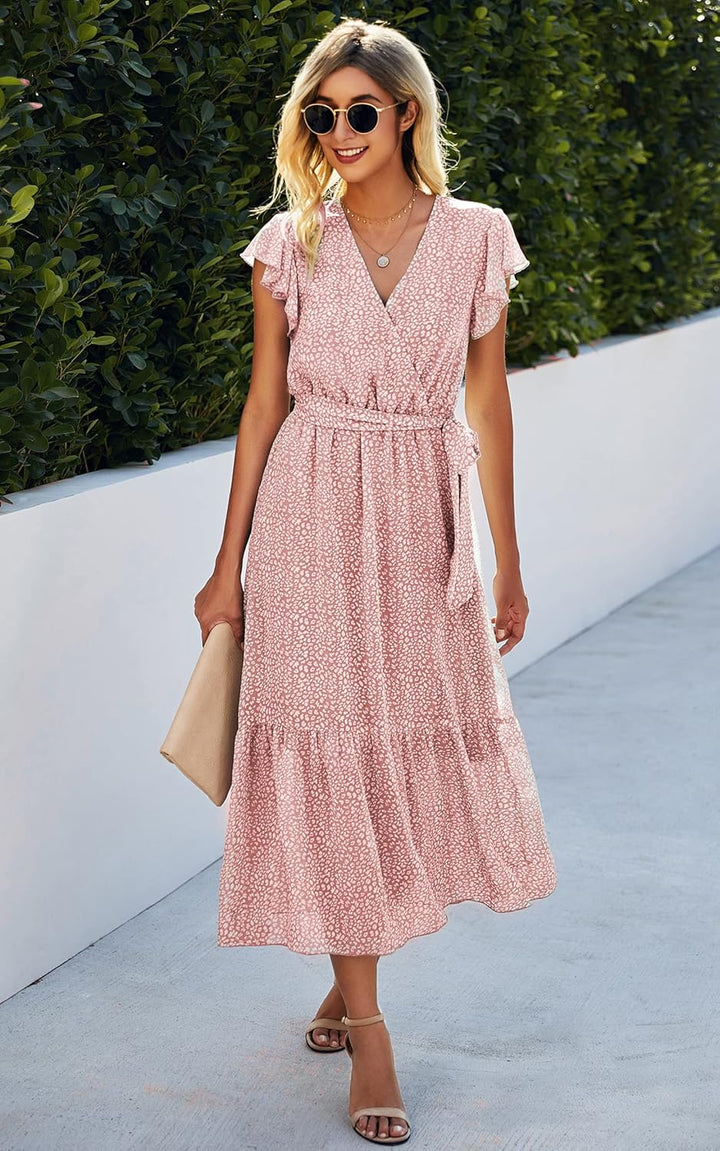 Kleid Damen Sommer Boho: Blumen Herbst Wickelkleid Frühling Mode Lang Maxikleid V-Ausschnitt Casual