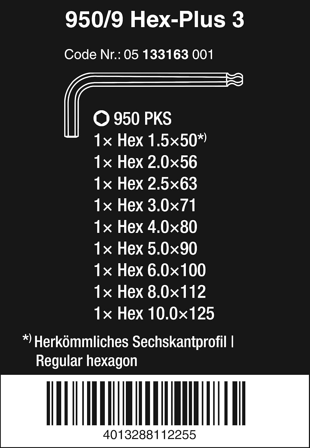Wera 05133163001 Winkelschlüsselsatz 950 PKS/9 SM N, metrisch, gestellverchromt