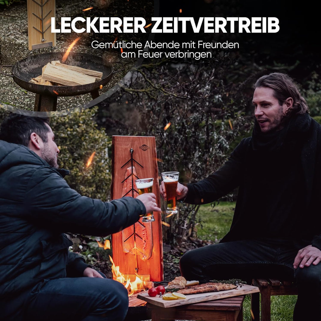 Flammlachsbrettl - Flammlachsbrett aus langlebigem Lärchenholz mit Edelstahlhalterung - ca. 500 x 17