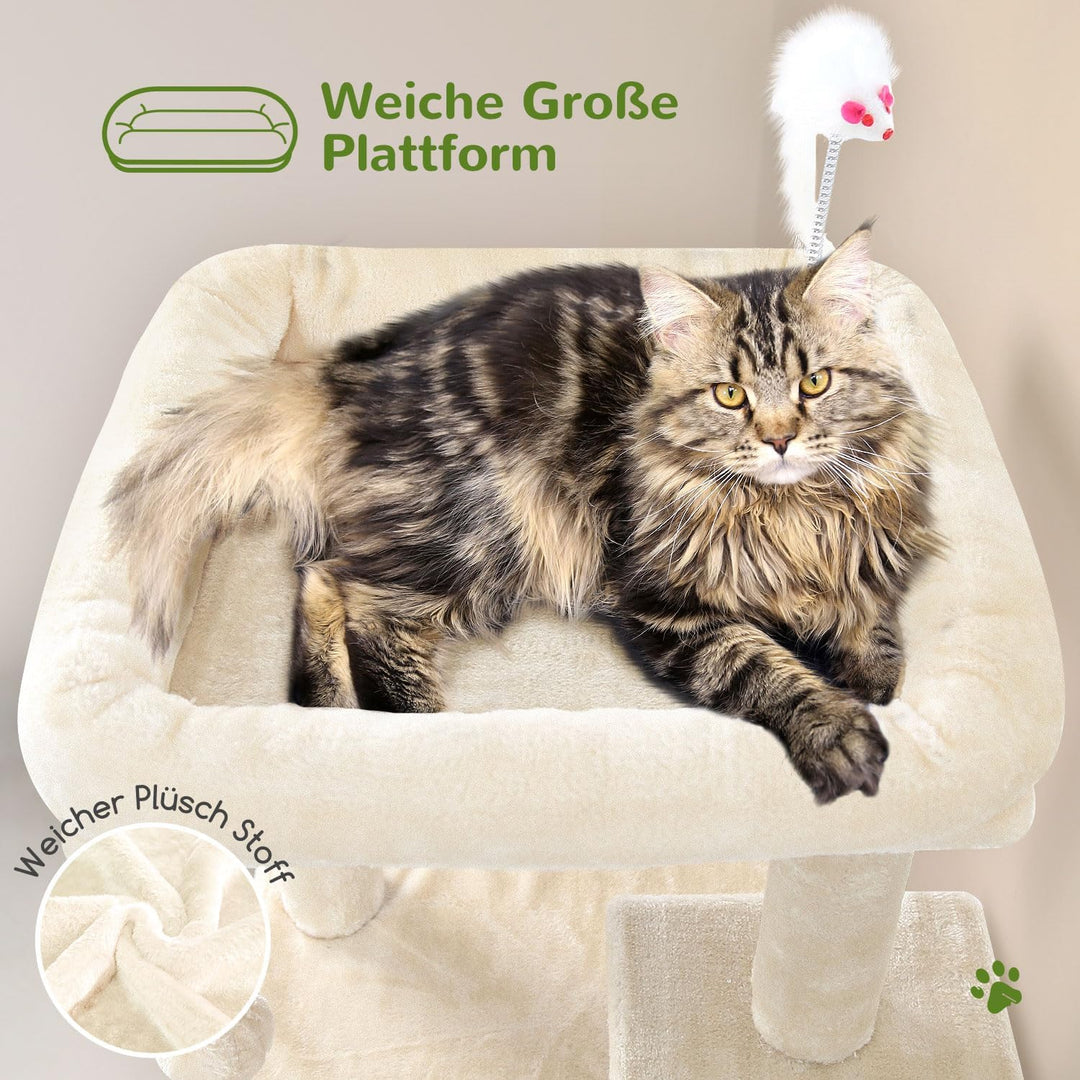 Globlazer Kratzbaum Beige Stabil mit Grosse Basis Katzenhaus Gepolsterte Plattform Plüsch Katzenspie
