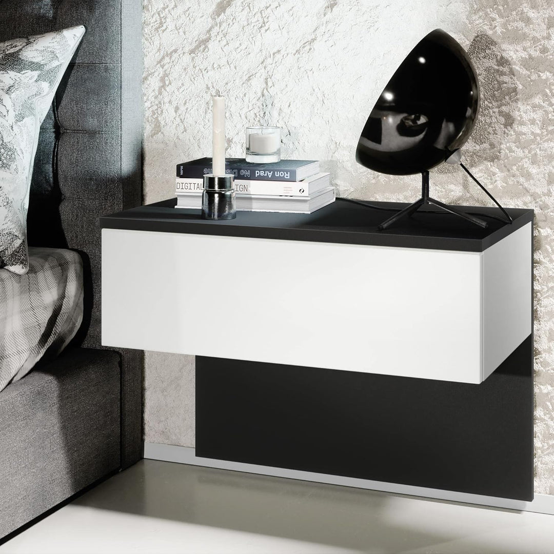 Vladon Nachttisch Sleep, Nachttischschrank mit Schublade zur Wandmontage, Schwarz matt/Weiss matt (6