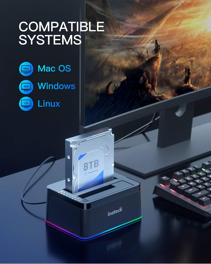 Inateck RGB Festplatten Dockingstation USB 3.0 mit Offline-Klonfunktion, für 2.5 u. 3.5 Zoll SATA HD