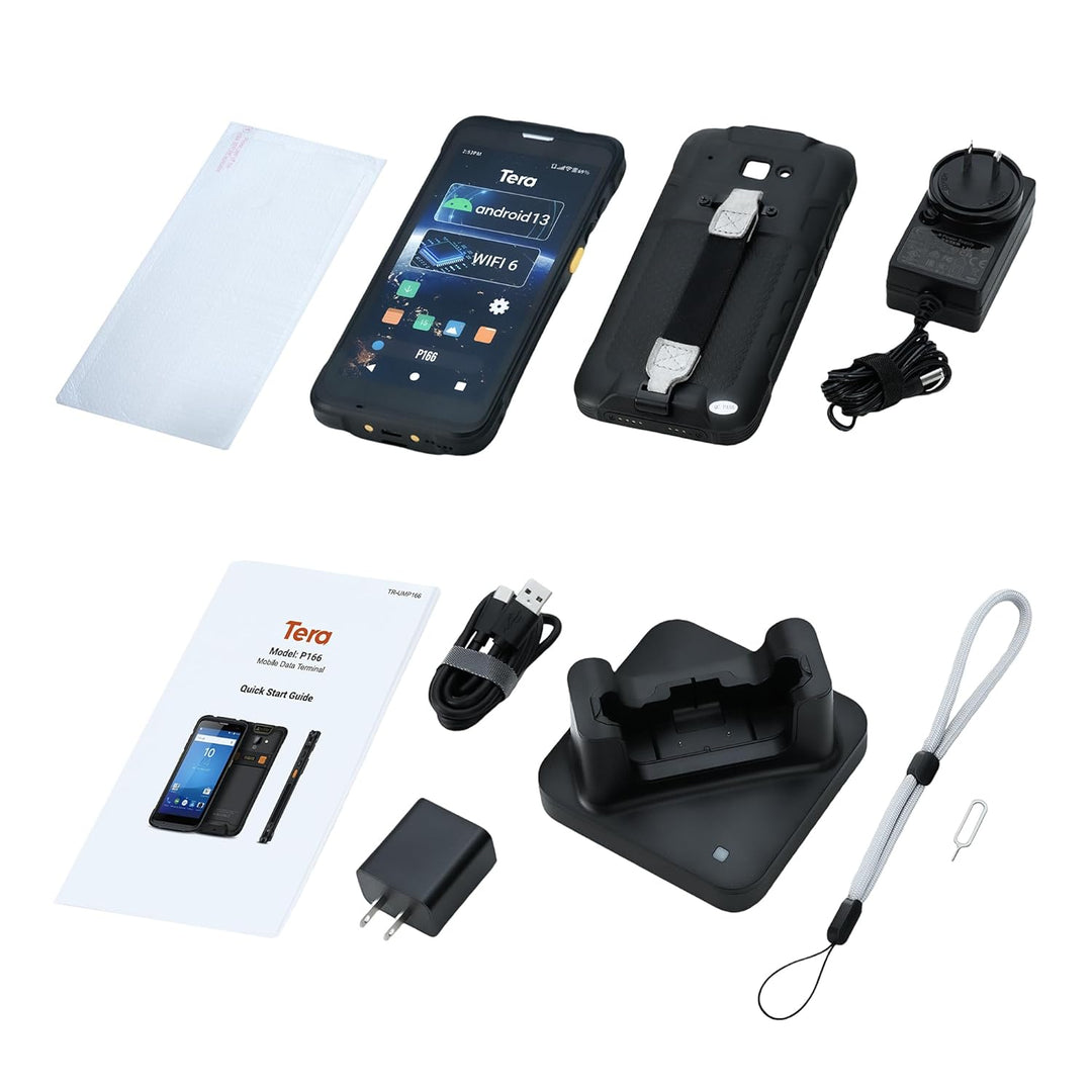 Tera Android 13 Barcode Scanner PDA: 5,5" Handheld Mobiler Computer 4GB+64GB mit Ladestation 1D 2D Q