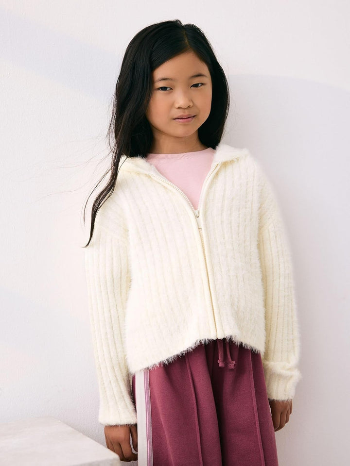 NEXT Mädchen Flauschige Kapuzenjacke mit durchgehendem Reissverschluss 98 Ecru, 98 Ecru