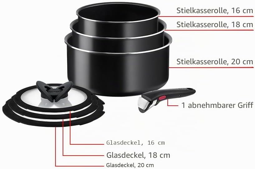 Tefal Ingenio Easy ON Try-Me Pfannenset, 7-teilig, stapelbar, abnehmbarer Griff, platzsparend, antih