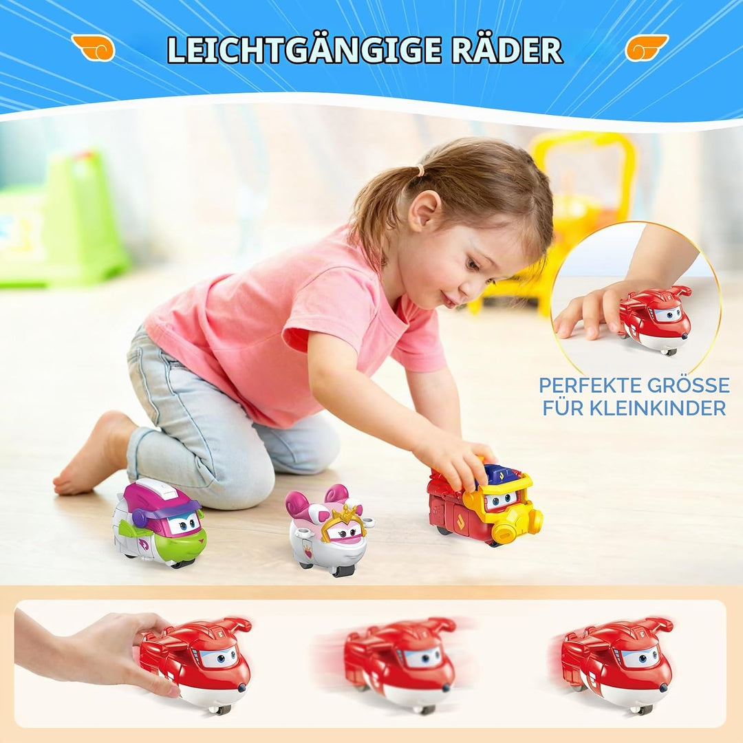 Super Wings 2 inch Verwandlungsspielzeug 4er Pack, Jett, Curie, Runi und Sara, Flugzeug Spielzeug Fa