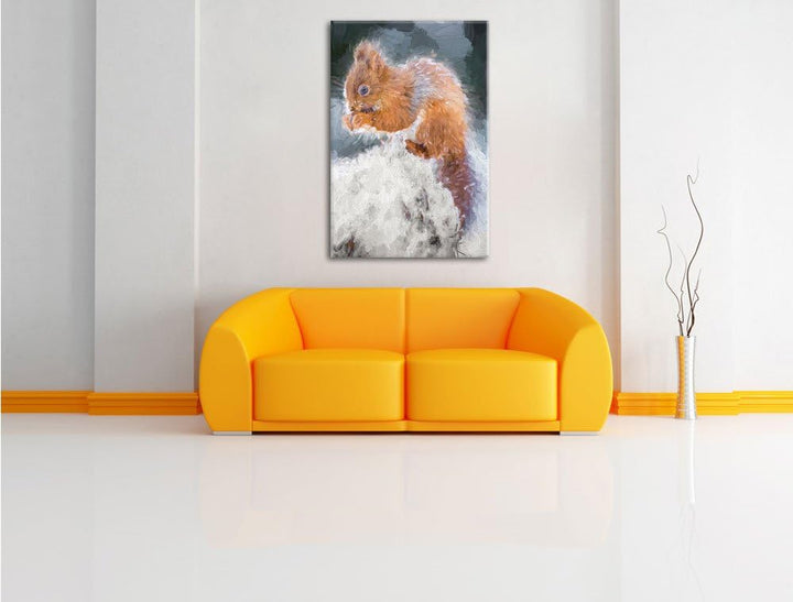 Pixxprint Kleines Eichhörnchen im Winter Pinsel Effekt, Format: 100x70 auf Leinwand, XXL riesige Bil