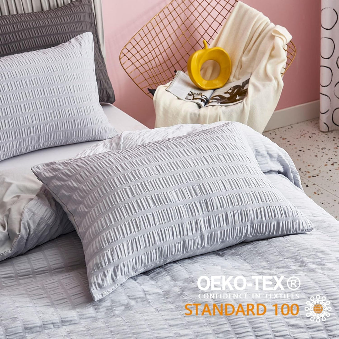 Freyamy Seersucker Bettwäsche 135x200cm 2teilig Hellgrau Geprägt Streifen Strukturiert Bettwaren-Set