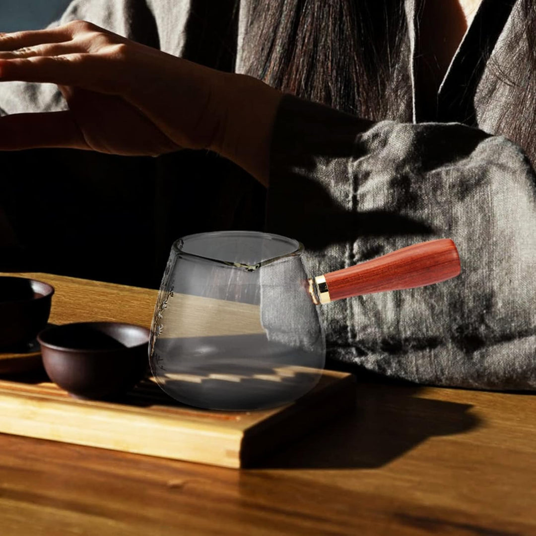 Cabilock Mini-Sauce Glas Teekanne Teekessel Einhand Glaskanne mit Holzgriff Chinesische Teekanne Was
