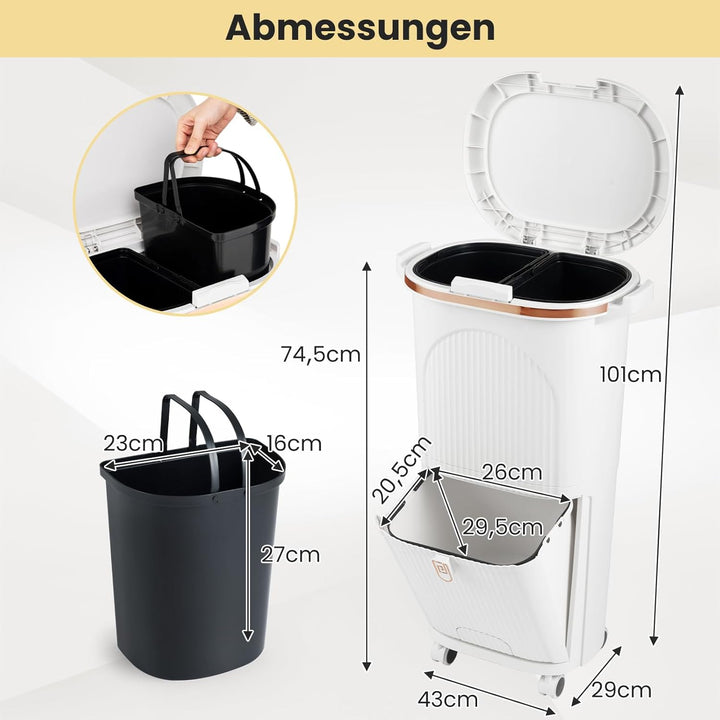 COSTWAY Mülleimer Küche, Mülltrennsystem 3 Fächer, 2 x 12L Inneneimer & 14L Treteimer, Abfalleimer m