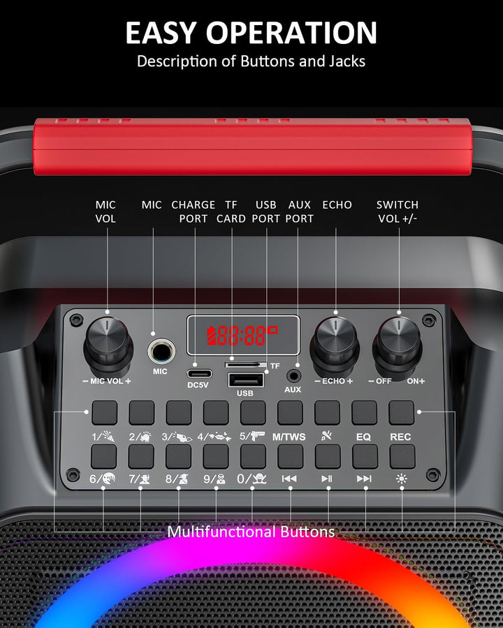 Karaoke Maschine mit 2 Mikrofonen, tragbarer Bluetooth Karaoke Anlage mit LED Lichtern,eignet Sich f